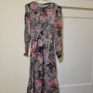 ZARA Floral Printed Midi Long Sleeve Dress